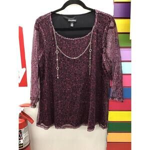 Nina Leonard quarter sleeve mesh purple sequined top large w necklace new